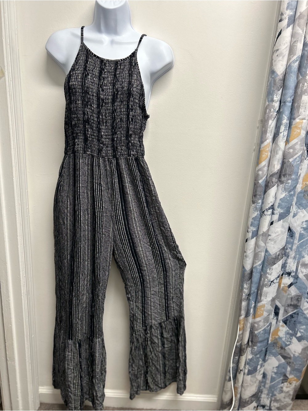 Striped smocked wide leg bell bottom jumpsuit